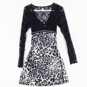 VENUS Y2K Dress S Leopard Lace Animal Print Long Sleeve Chain Tie Sheer Stretch